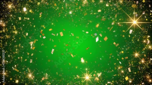 Falling Gold Confetti and Sparkling Glitter on Green Background, Festive Celebration Loop
