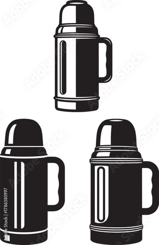 Three vintage thermos flasks silhouette