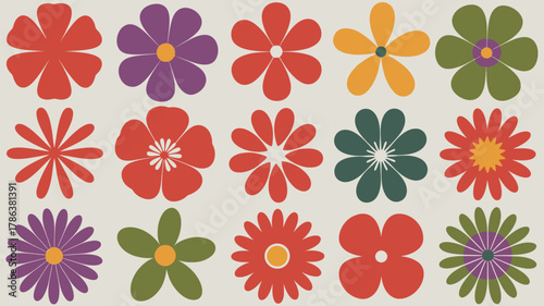 Retro floral designs in a vibrant color palette, perfect for vintage-inspired branding, wallpaper, and creative projects with a joyful aesthetic