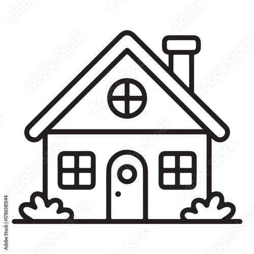 Monochrome illustration of a simple house with a triangular roof and a round window isolated on white background