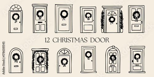 Set of 12 hand drawn Christmas doors decorated with wreaths and garlands. Minimal black line art on beige background. Perfect for holiday illustrations and decor