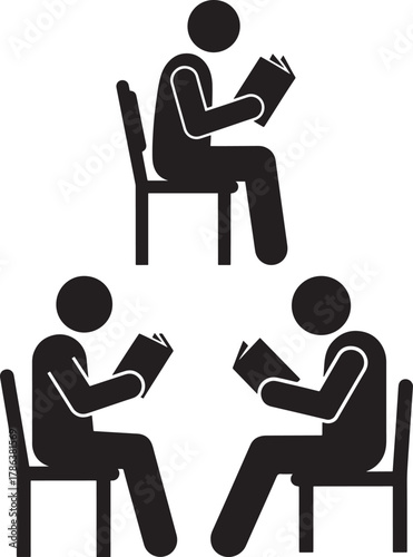 Three people reading books sitting down silhouette