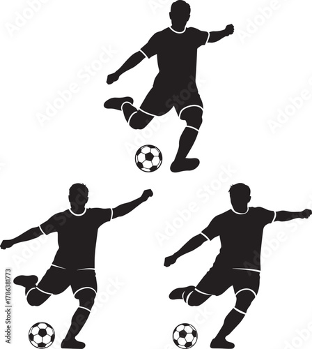 Three soccer players kicking ball silhouette