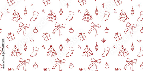 Seamless Christmas pattern with red doodles of bows, gifts, trees, stockings, and ornaments on transparent background. Ideal for festive wrapping or holiday design