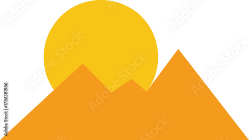 Minimalist geometric illustration of pyramids or mountains with a large orange sun setting or rising in the background flat design icon vector art