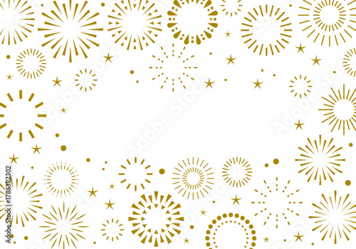 Fireworks background, gold fireworks vector border, Christmas and New year frame