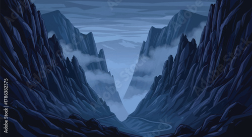 Dramatic dark mountain valley with winding road shrouded in mist, evoking mystery and adventure