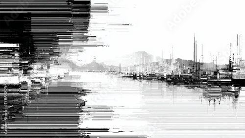Glitch art cityscape reflection in water, digital data distortion effect.
