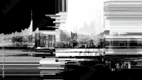 Abstract pixelated city skyline data error monochrome graphic background.