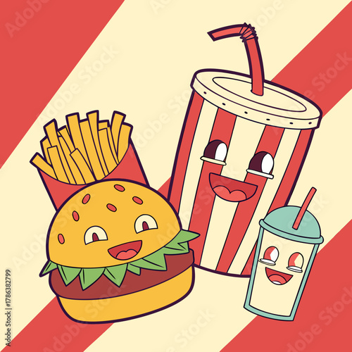 A delightful cartoon scene featuring a burger, fries, and soda cup with cheerful expressions, arranged against a red and white striped backdrop, creating a joyful mood