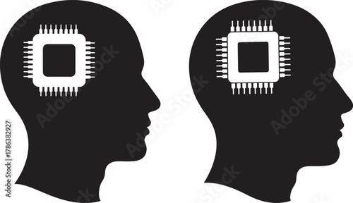 Two human heads silhouette with microchip silhouette