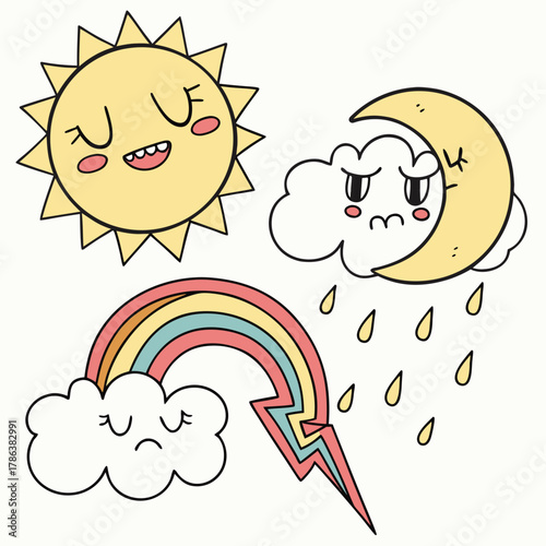 Whimsical weather forecast featuring a cheerful sun, a melancholic moon with rain, and a rainbow with a lightning bolt, all with cute cartoon faces