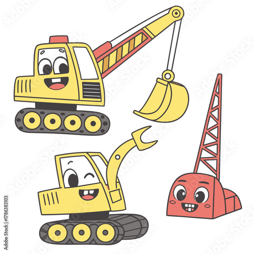 Delightful cartoon construction vehicles, featuring a crane, excavator, and digger, ideal for childrens books and educational materials