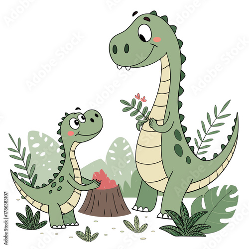 A cute cartoon dinosaur family with a baby dinosaur giving flowers to the parent dinosaur vector illustration for kids