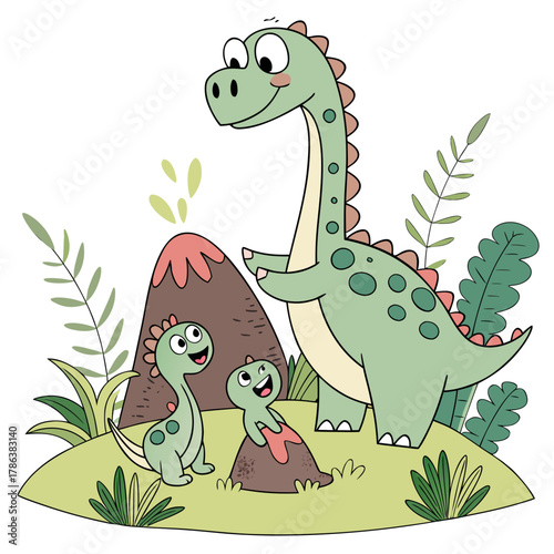 A cute cartoon dinosaur family with a baby dinosaur near a volcano vector illustration for children and kids