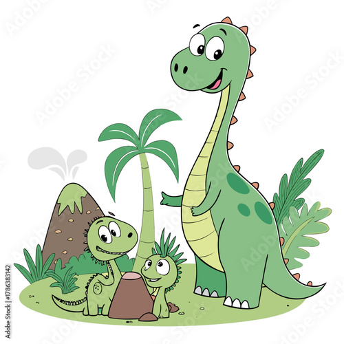 A cute cartoon dinosaur family with a baby dinosaur near a volcano vector illustration for kids and children