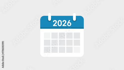 Calendar icon displaying the year 2026, representing future planning, events, schedule, important dates, and upcoming deadlines. flat design concept.
