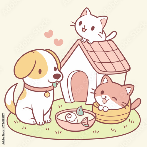 A delightful cartoon illustration showcasing a cute dog, two adorable cats, a cozy dog house, and a bowl of fish, all set against a soft, inviting background