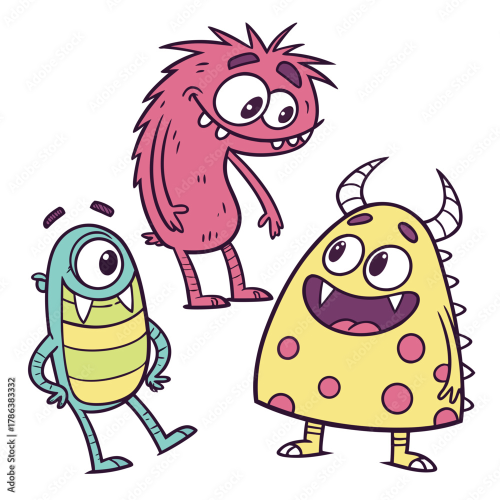 Obraz premium Three adorable monsters, each with unique features and colors, are posing together, creating a whimsical scene