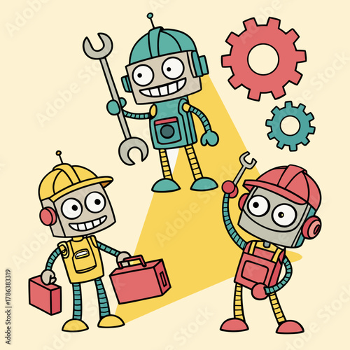 Cheerful robots working together with tools and gears, showcasing teamwork and mechanical skills on a light yellow background in a cartoon style