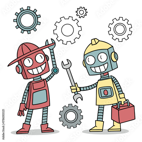 Two friendly robots, one with a red hat and the other with a yellow helmet, are working together with wrenches