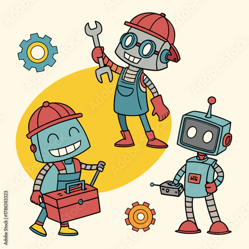 Three cheerful robots working together with tools and gears, showcasing teamwork and mechanical skills on a light yellow background in a cartoon style