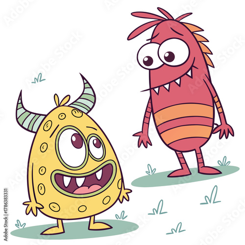 Two cute and colorful monsters, one yellow and one red, are standing side by side, looking friendly and playful