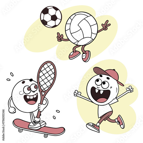 Cartoon sports balls having fun playing tennis, soccer, volleyball, bowling and skateboarding funny sports equipment characters