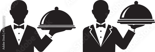 Two waiters holding serving trays silhouette