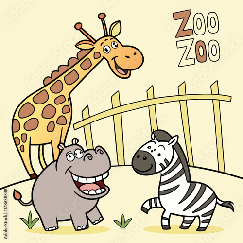 Cheerful zoo animals illustration featuring a giraffe, hippo, and zebra standing near a fence with the word zoo written above, creating a playful scene
