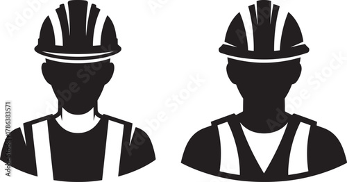 Two construction workers in hard hats silhouette