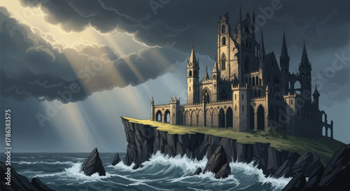 Dramatic gothic castle perched precariously on a cliff overlooking stormy seas with divine sunbeams piercing through dark clouds