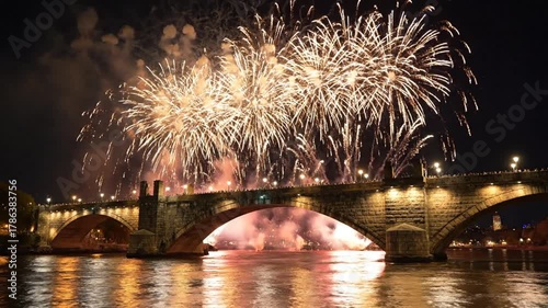 Fireworks display over stone bridge at night with water reflection