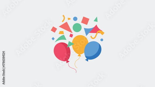Colorful flat design balloons and geometric confetti falling in a celebratory composition, perfect for festive events and party backgrounds.
