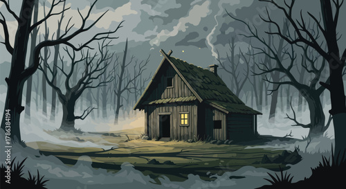 Enchanting rustic cabin nestled in a misty forest landscape at twilight, perfect for fantasy stories, horror novels, or magical realism book covers