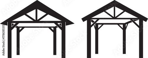 Two identical wooden gazebo structures silhouette