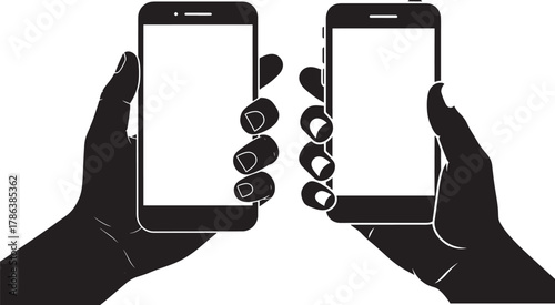 Two hands holding smartphones silhouette