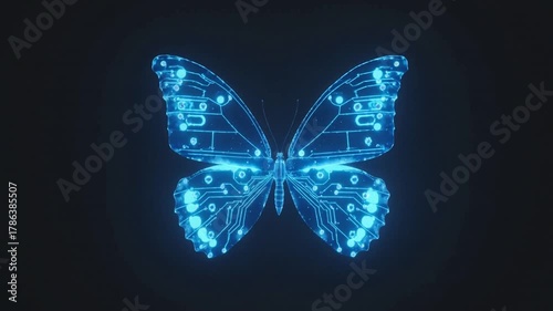 Digital Butterfly with Circuit Board Wings Glowing Blue on Dark Background.