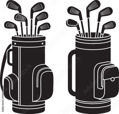 Two golf bags filled with clubs silhouette