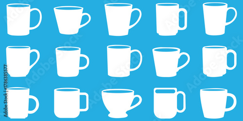 A collection of fifteen white mugs in various shapes and sizes against a blue background pattern design