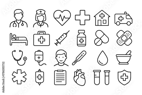 Healthcare and Medical Line Icons Set — Doctor, Hospital, and Medicine Symbols