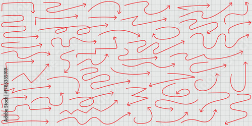 A collection of red hand drawn arrows pointing in various directions on graph paper background design art