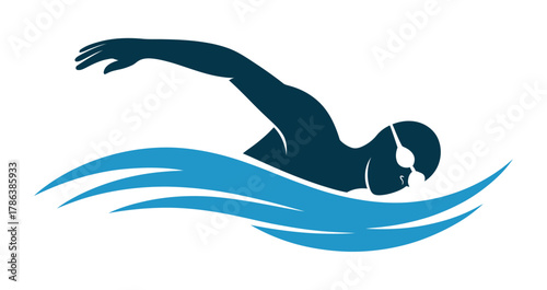 Dynamic swimmer in silhouette glides through stylized blue water waves