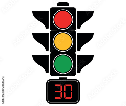 Traffic light displaying a countdown timer, signaling traffic flow control and urban navigation.