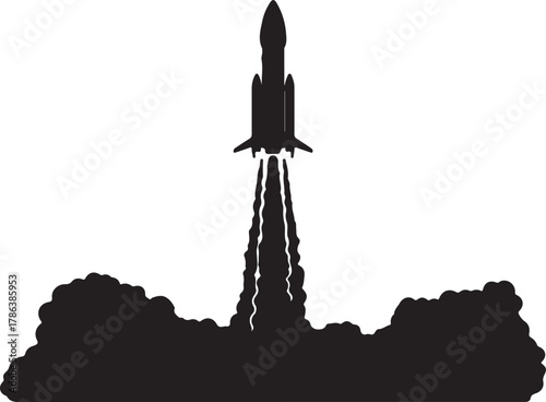 Black spaceship silhouette launches with fiery plumes in a bold on transparent background