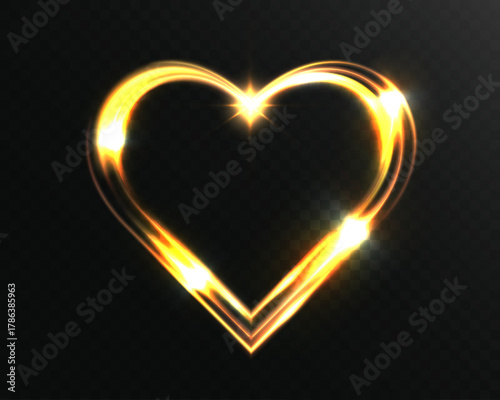 Glowing golden light heart shape with shining sparkles, luminous energy lines, romantic bright effect, love symbol design on dark transparent background.
