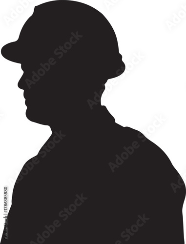 Black silhouette shows worker in hard hat looking left with transparent background