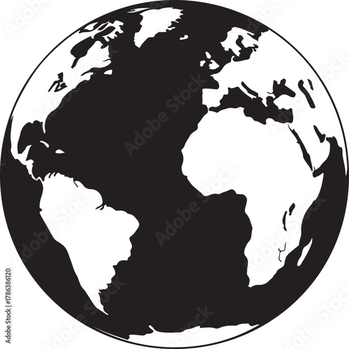 Earth globe shows the continents and ocean in a simplified black and white vector