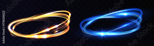Vortex speed glowing golden and blue light rings, luminous energy circles, futuristic neon motion halos, dynamic swirl effects, sci-fi portal design on dark transparent background.
