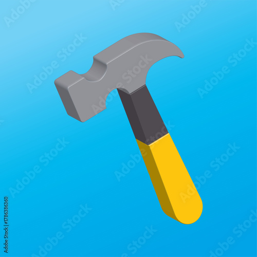 3D colorful hammer isolated on a blue background, 3D hammer for web, app, logo or UI design, tool for industrial workers, equipment for repair and reconstruction, vector illustration, EPS 10.